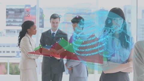 Diverse Business Team Analyzing Digital Data with Global Projection