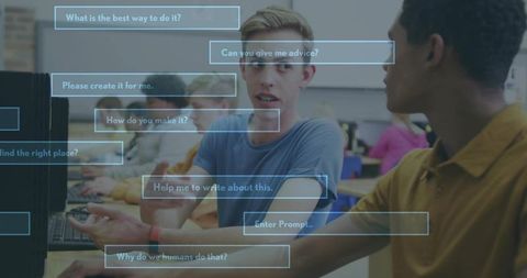 Blond teen gesturing while discussing coding in computer lab with ai prompt overlays