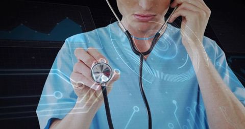 Doctor holding stethoscope during telemedicine consult with futuristic digital HUD overlay