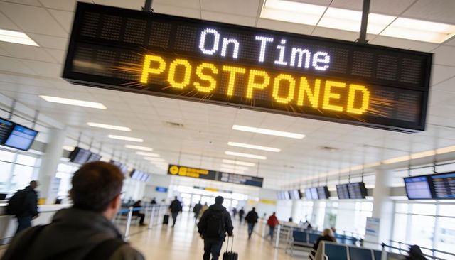 Departure board showing postponed while travelers walking through busy airport concourse