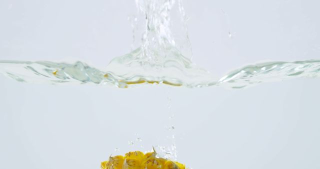 Image shows a whole pineapple splashing into clear water, creating motion and bubbles. Use it for marketing tropical fruits, promoting freshness, or highlighting hydration. Ideal for food industry advertisements, health drink promotions, or tropical-themed designs.