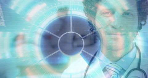 Physician Standing with Stethoscope and Futuristic Augmented Reality HUD Hospital Corridor