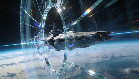 Armored capital ship transiting prismatic portal above planet limb with blue beam