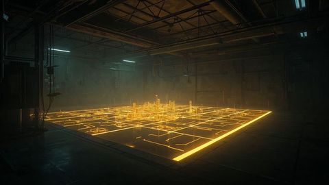 Futuristic illuminated grid city in industrial setting