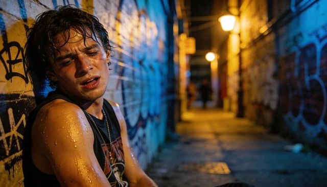 Late-teen leaning on graffiti wall in night alley conveying urban isolation