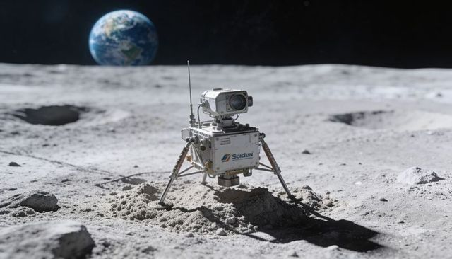 Resting boxy robotic lunar lander kicking dust from pads with camera turret and earthrise