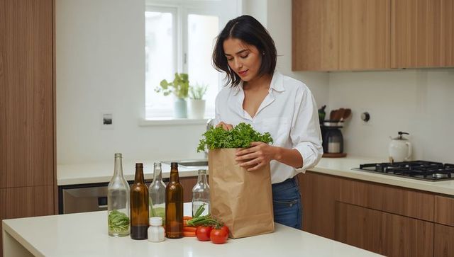 Woman Unpacking Groceries in Modern Home Kitchen