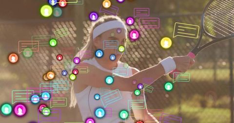 Female tennis player hitting forehand with social media chat icons overlay
