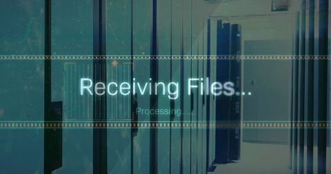 Futuristic data center receiving files holographic interface over server rack corridor