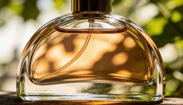 Sunlit amber perfume bottle closeup on wood with curved glass and visible spray tube