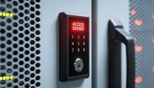 Access denied glowing keypad on server cabinet door, data center security access