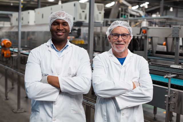 Two factory engineers standing confidently with arms crossed in a drinks production plant. Both are wearing white lab coats and hairnets, indicating a focus on hygiene and safety. This image can be used to depict teamwork, professionalism, and quality control in industrial and manufacturing settings.