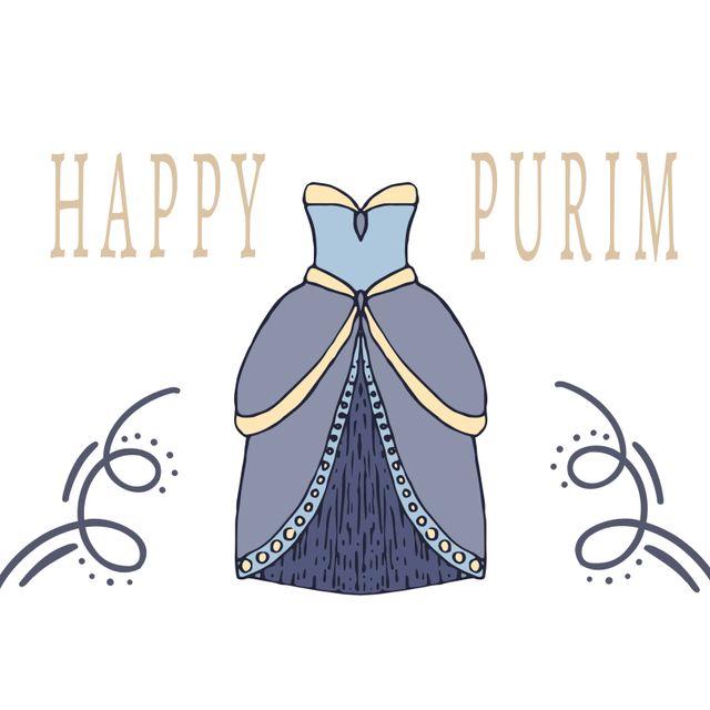 Happy purim text in brown with blue dress and decoration on white background. Jewish religion, culture, tradition and celebration.