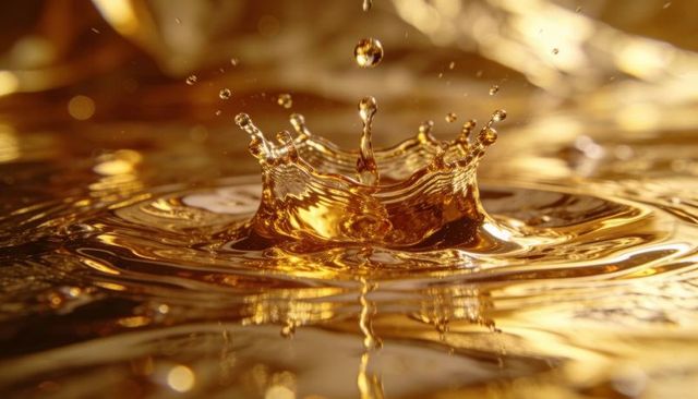 Golden crown splash capturing liquid drop and radiant ripples in macro high-speed