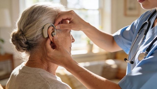 Nurse fitting behind-ear hearing aid on senior woman at home, caregiving and audiology care