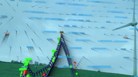 Financial Data Overlay on Wind Turbine Scene Illustrating Ecology and Technology