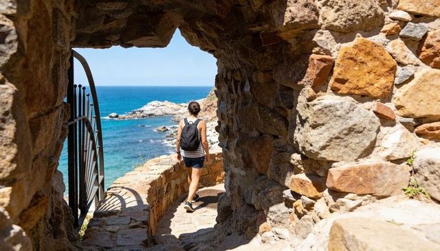 Woman hiking through coastal stone arch toward turquoise sea on sunlit cliff path