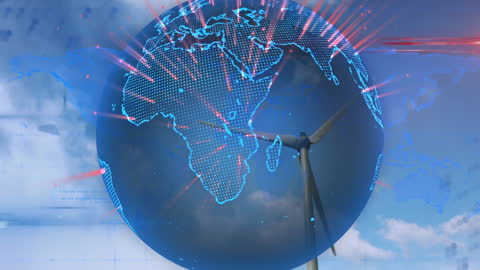 Digital Animation of Globe Overlapping Wind Turbine Representing Sustainable Energy