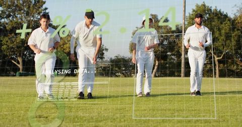 Cricket players walking with augmented reality hud showing live data and analytics