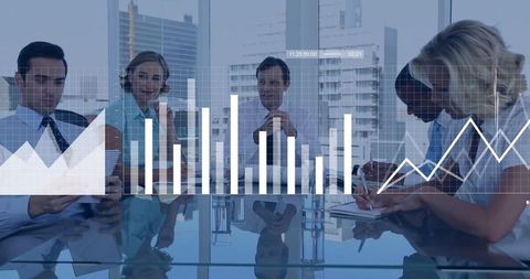 Diverse Business Team Engaged in Data Analysis with Global Interface