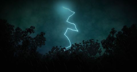 Dramatic Lightning Strike Over Forest at Night