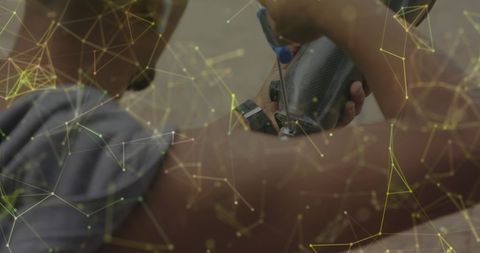 Male Athlete Adjusting Prosthetic Leg with Digital Overlay