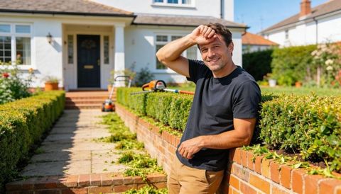 Smiling homeowner taking break after trimming hedges in sunny suburban front garden