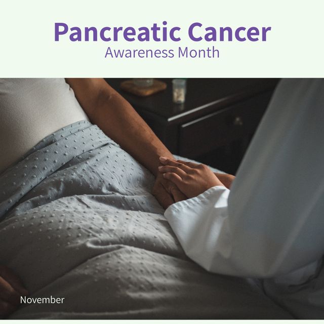 Image of a patient lying in bed with a caregiver holding their hand. Ideal for use in Pancreatic Cancer Awareness campaigns, healthcare promotions, support group materials, or informative blog posts about caregiving and patient support. Emphasizes compassion, empathy, and support towards patients during Pancreatic Cancer Awareness Month in November.