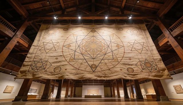 Hanging giant geometric tapestry featuring mandala motifs in timber museum gallery