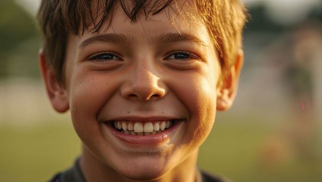 Smiling preteen boy closeup at golden hour showing freckles and damp hair, joyful summer