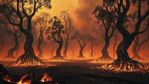 Gnarled Trees with Fiery and Mystical Roots at Dusk in Smoky Haze
