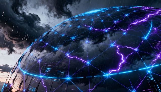 Pulsing Neon Energy Dome Shield Covering Stormy Metropolis Network with Lightning Arcs