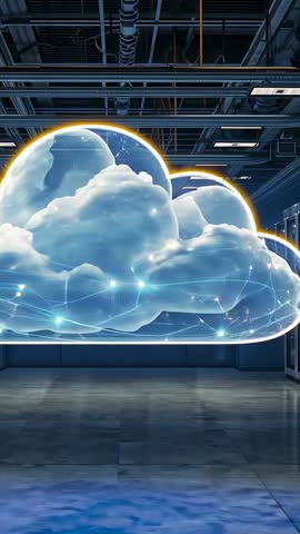 Activating Cloud Hologram Drifting Right in Futuristic Data Center Vertical Video