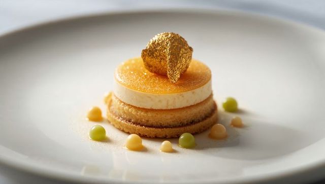 Showcasing gourmet layered citrus mousse cake topped with edible gold leaf on white plate