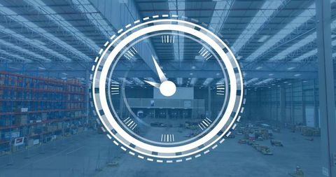 Industrial warehouse showing digital clock hud symbolizing logistics and on-time delivery