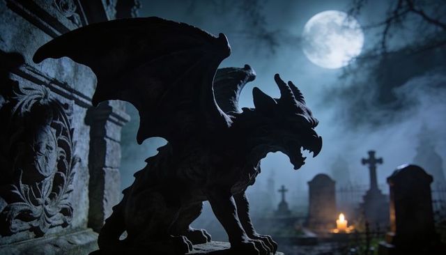 Moonlit gargoyle perching on tomb ledge with candlelit grave in misty gothic cemetery