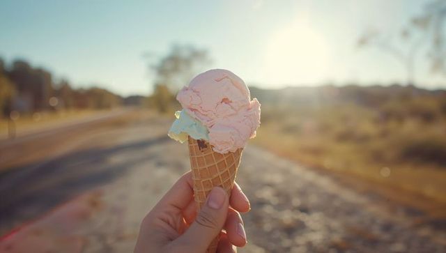 Hand Holding Ice Cream Cone with Pink and Green Scoops Outdoors