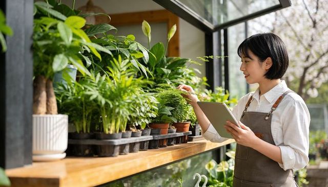 Nursery worker inspecting indoor plants with tablet in sunlit greenhouse display