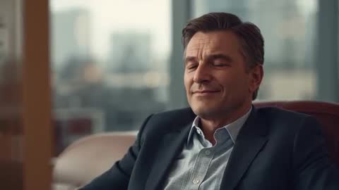 Executive Relaxing in Office Armchair Closing Eyes and Smiling with City View