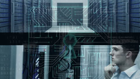 Digital Security with Businessman in Server Room Overlaid with Circuitry