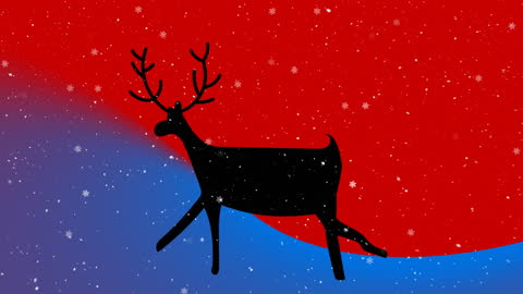 Rudolph Silhouette in Snowfall Against Red and Blue Background