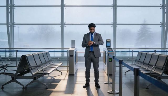 Businessman checking smartwatch at airport gate with digital boarding pass