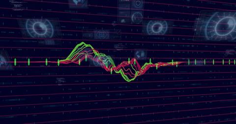 Neon trading dashboard displaying green and magenta waveform traces and candlestick HUD
