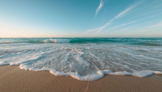 Turquoise Waves Rolling Over Foam-Laced Shoreline on Tranquil Sunlit Beach at Daybreak