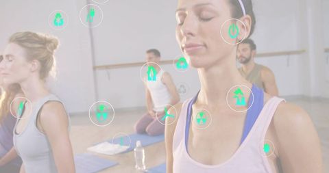 Group Practicing Mindful Yoga with Meditating Woman and Green Sustainability Icons Overlay