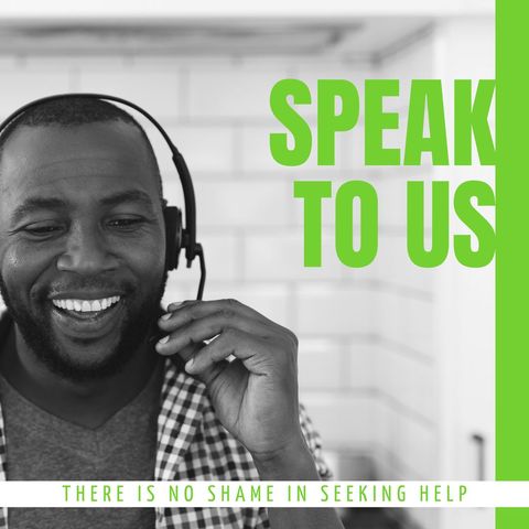 This visual depicts a smiling man with a headset, symbolizing a support hotline for mental health awareness. The emphasis on 'Speak to Us' encourages proactive reach out for assistance, reinforcing that seeking help is a positive step. This is ideal for promoting mental health services, creating awareness campaigns, or designing materials for community support programs.