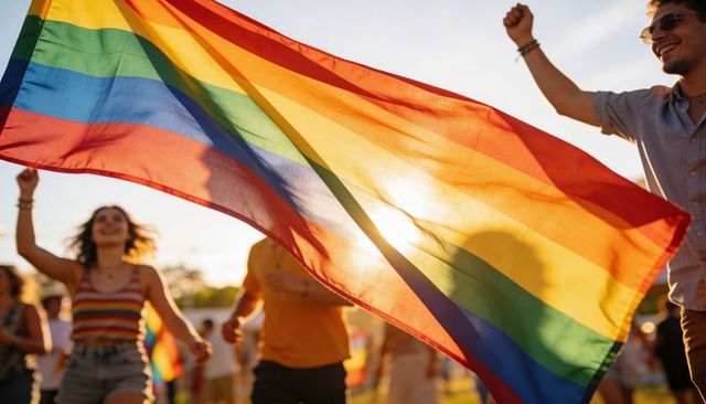 Backlit rainbow pride flag waving at sunset over celebrating lgbtq crowd at park parade