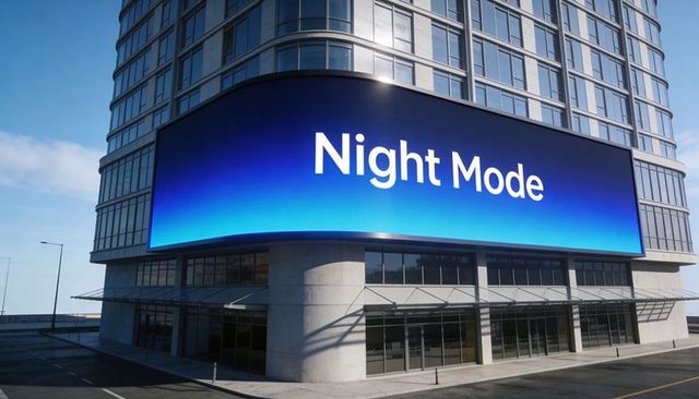 Displaying night mode on curved led billboard of modern glass high-rise exterior
