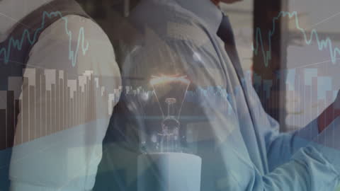 Caucasian Businesspeople Utilizing Smartphones with Financial Overlay