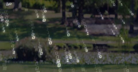 Binary code rain over blurred urban park with green bokeh, benches and trees
